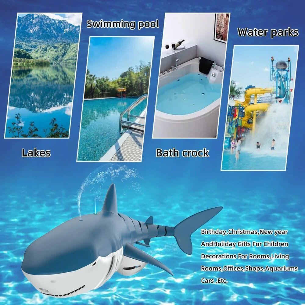 Shark-shaped pool toy with images of lakes, swimming pools, and water parks 