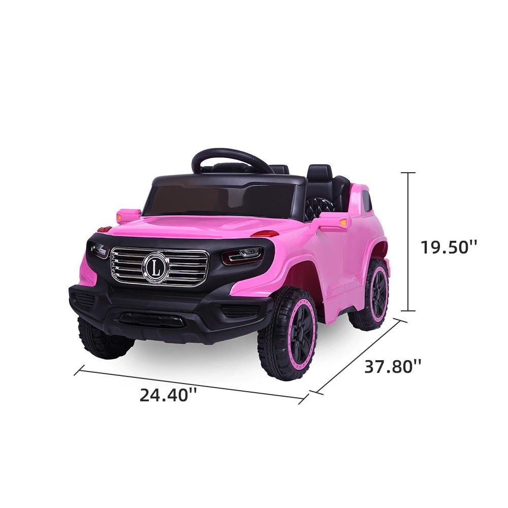 Pink toy car with black accents and dimensions labeled.
