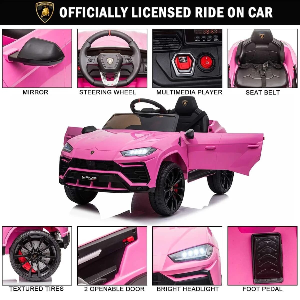 Pink ride-on car with various features highlighted.