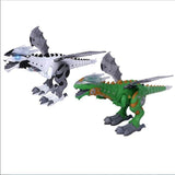 Two toy dinosaurs, one green and gray, the other white and gray.