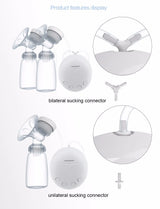 Electric breast pump with bilateral and unilateral sucking connectors on a white background