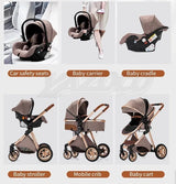 Collage of baby products including car safety seats, baby carrier, baby cradle, baby stroller, mobile crib, and baby cart.