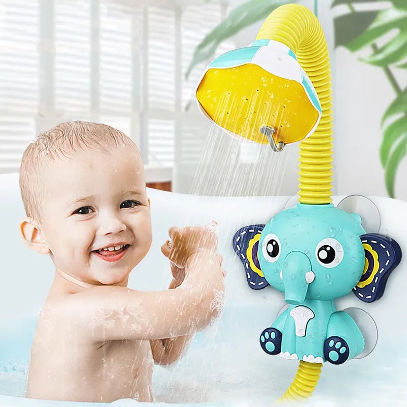 Child playing with a blue elephant-shaped bath toy with a yellow shower head in a bathtub