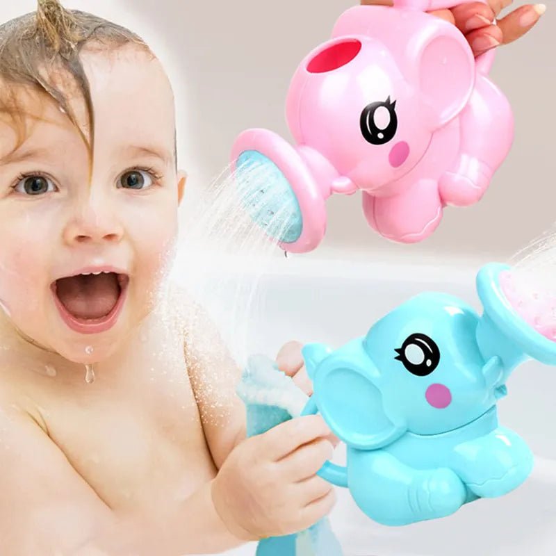 Child playing with elephant-shaped bath toys, one pink and one blue, with water being sprayed.