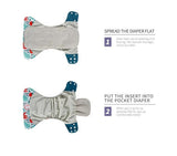 Instructions for using a cloth diaper with an insert.
