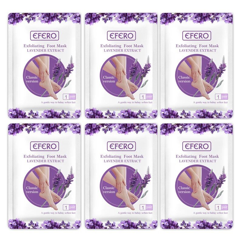Six packages of Efero exfoliating foot mask with lavender extract 