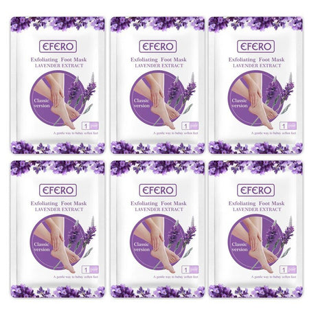 Six packages of Efero exfoliating foot mask with lavender extract 