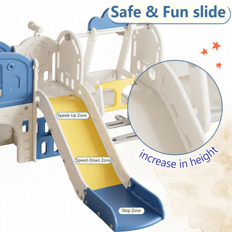 Children's slide with labeled zones and safety features on a white background