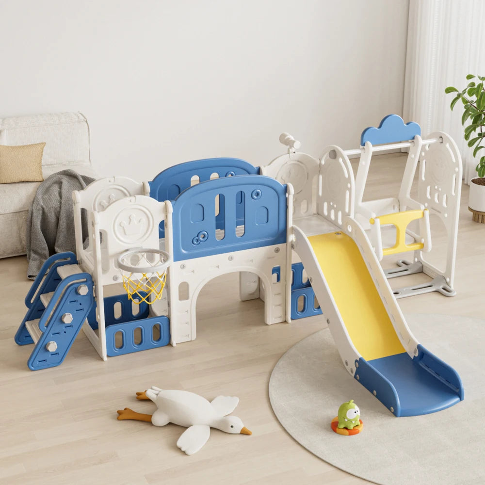Children's play structure with slides and climbing areas on a wooden floor.