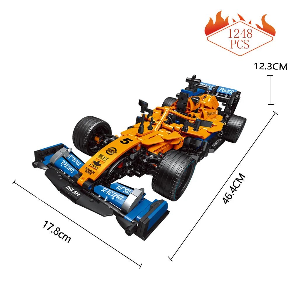 Toy Formula 1 car model with dimensions and piece count 