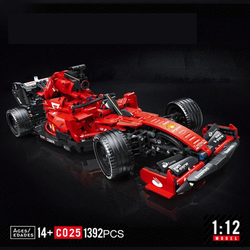 Red Formula 1 car model made of building blocks on a black background