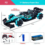 Toy race car with battery and foam box packaging, including dimensions and accessories.