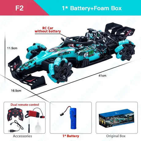 Toy race car with battery and foam box packaging, including dimensions and accessories.