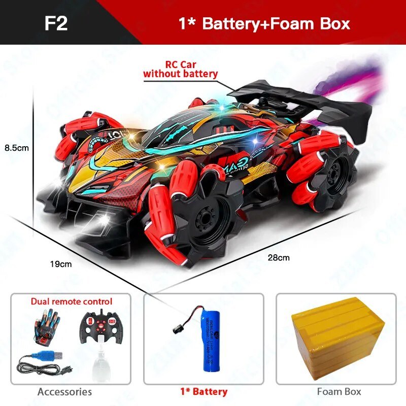 Toy RC car with dimensions and included items 