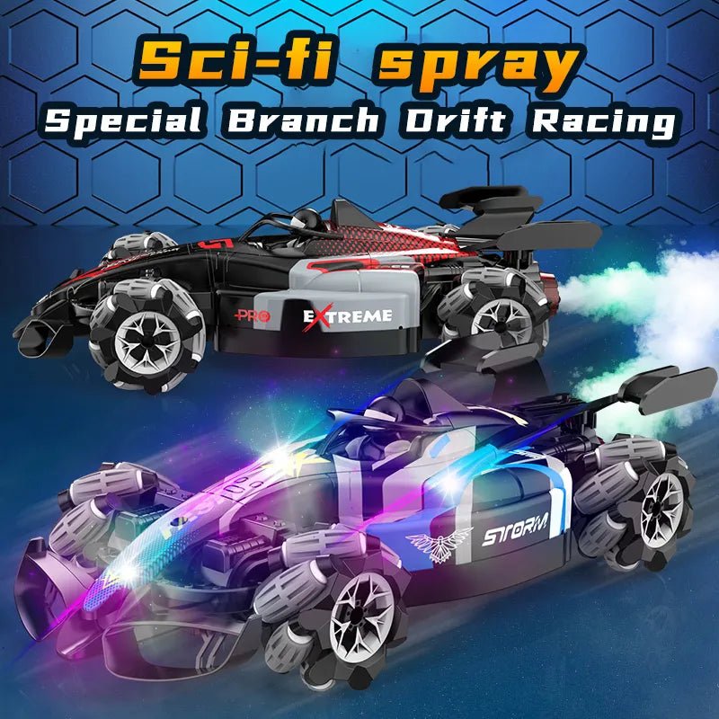 Two toy cars with 'Sci-fi spray' and 'Special Branch Drift Racing' text