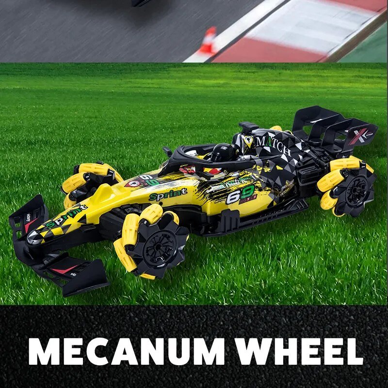 Toy Formula 1 car with Mecanum wheels on grass, race track 