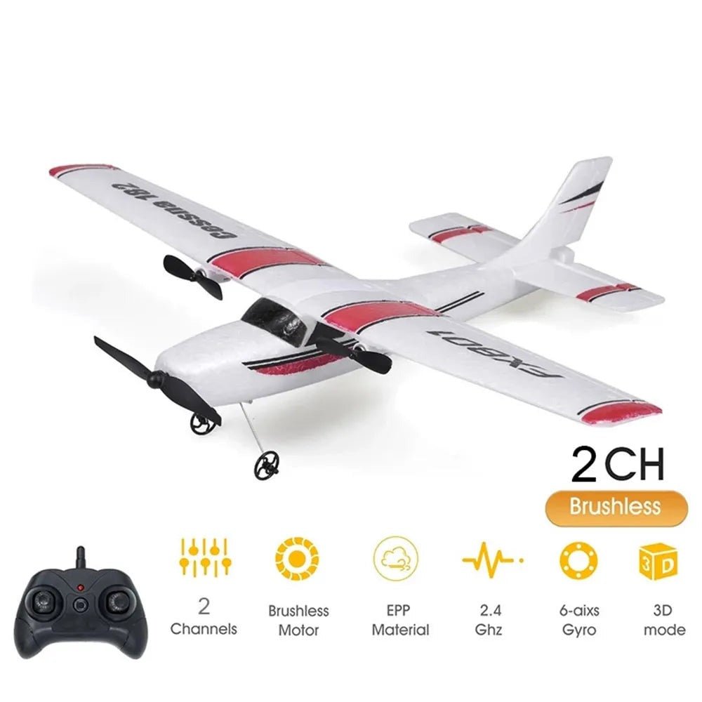 White RC airplane with red accents and a remote control