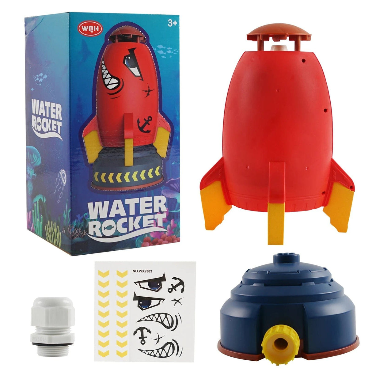 Red toy water rocket with packaging, nozzle, and stickers.