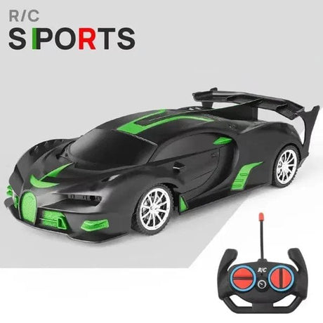 Black and green toy sports car with a remote control.