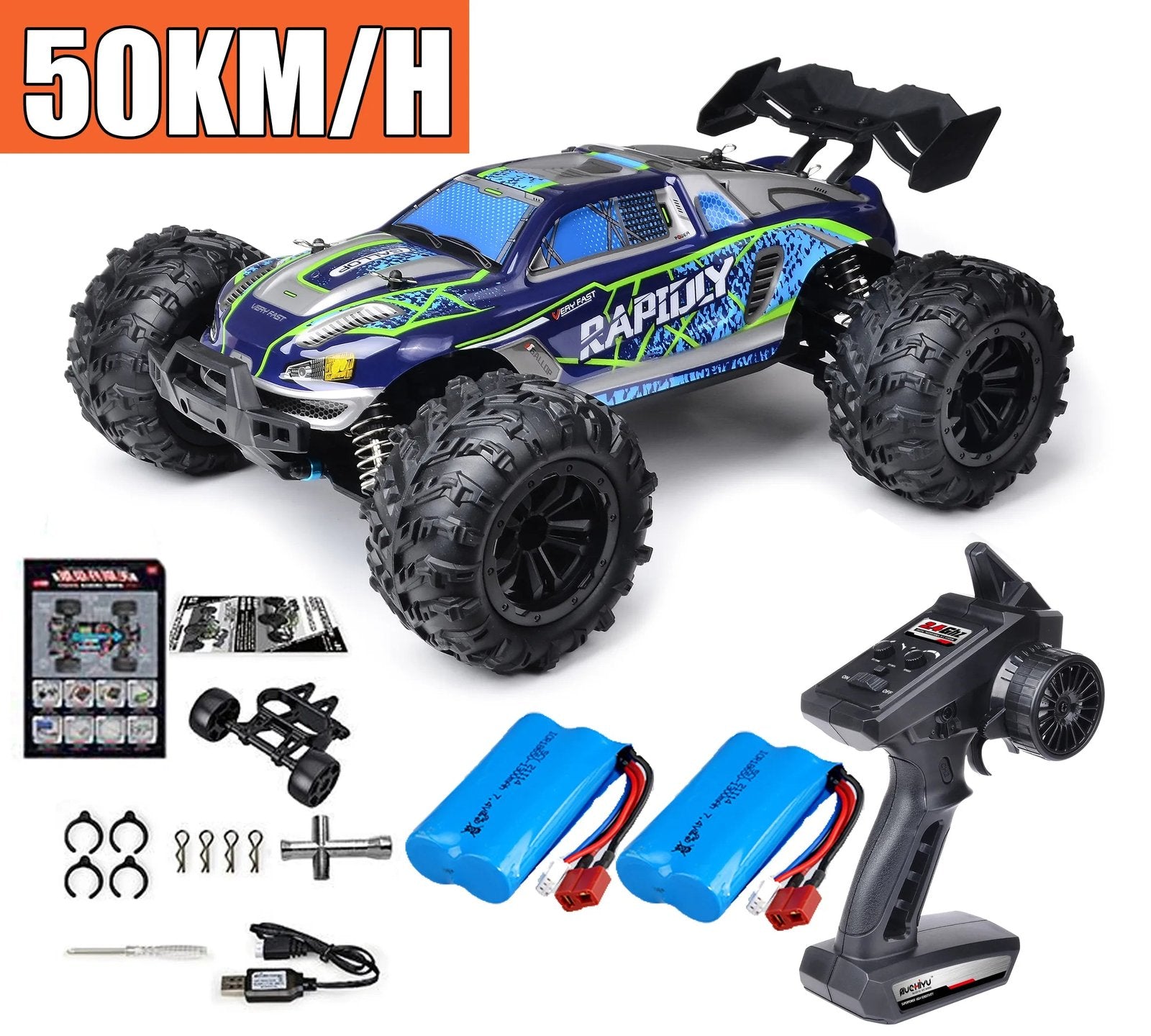 RC truck with accessories and remote control.