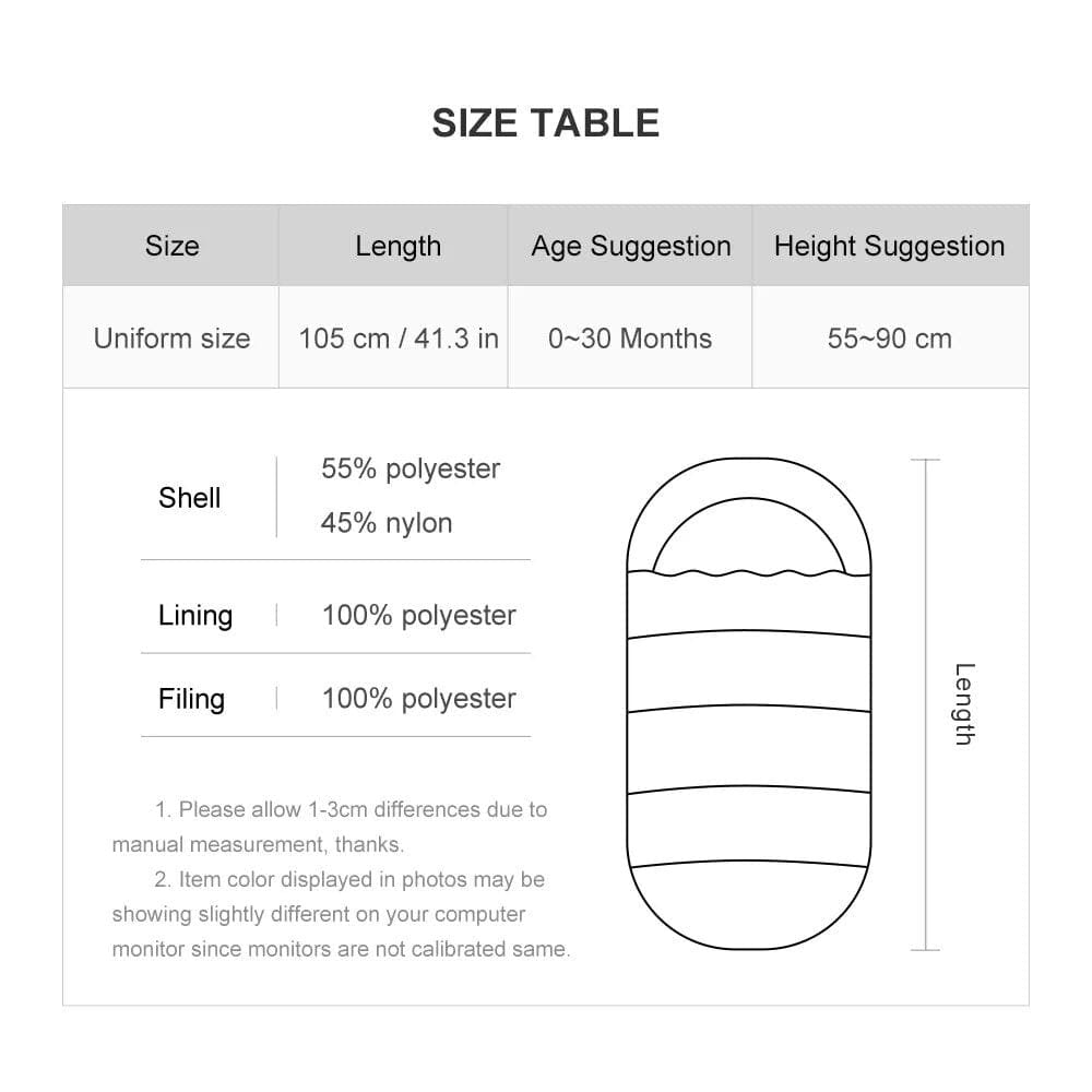 Size table for a product with dimensions, material composition, and age/height suggestions.