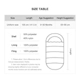 Size table for a product with dimensions, material composition, and age/height suggestions.