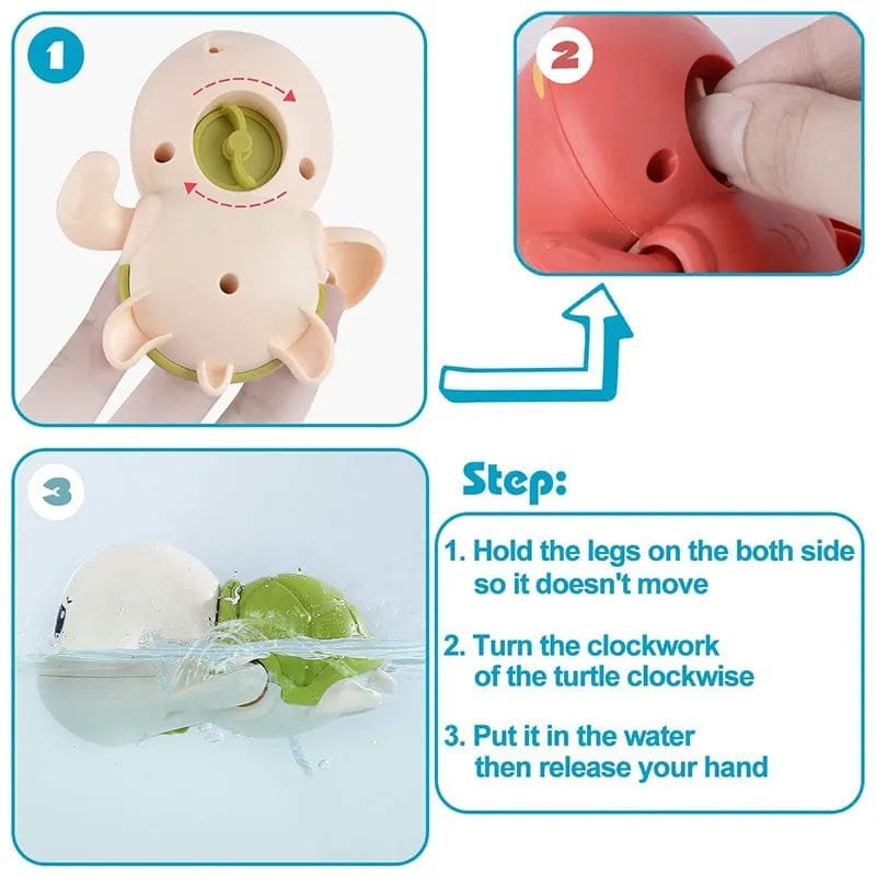 Step-by-step instructions for using a turtle-shaped toy with a clockwork mechanism.