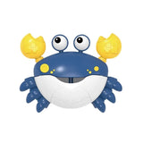Toy crab with blue body, white underbelly, and yellow claws.