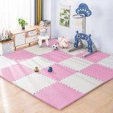 Pink and white checkered play mat in a child's room with toys and furniture.