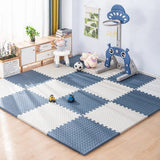 Children's playroom with blue and white checkered foam mats, toys, and a small basketball hoop.