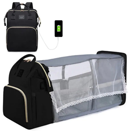 Black backpack with mesh compartment and USB cable.