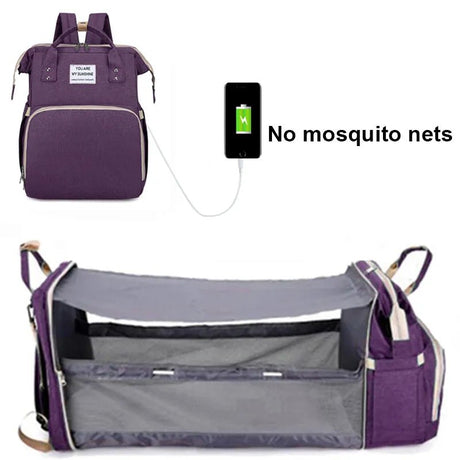 Purple backpack with a baby crib extension and a smartphone with a green battery icon.