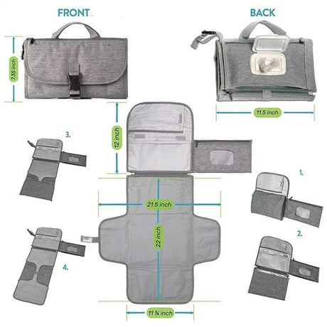 Gray diaper bag with measurements 