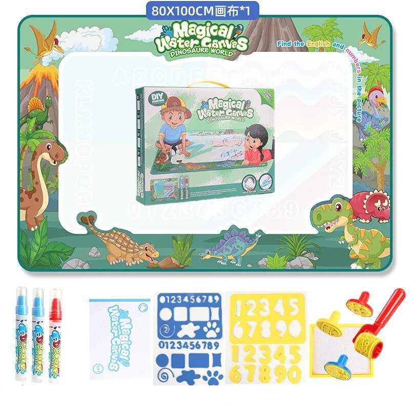 Dinosaur-themed water painting set with mat, markers, and stamps 