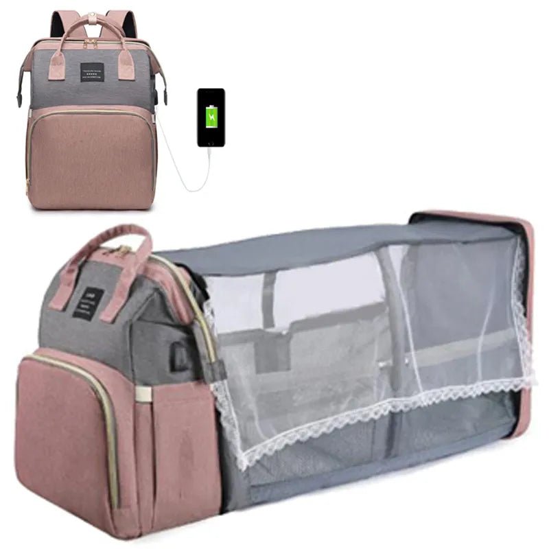 Multifunctional bag with USB charging port and baby bassinet.