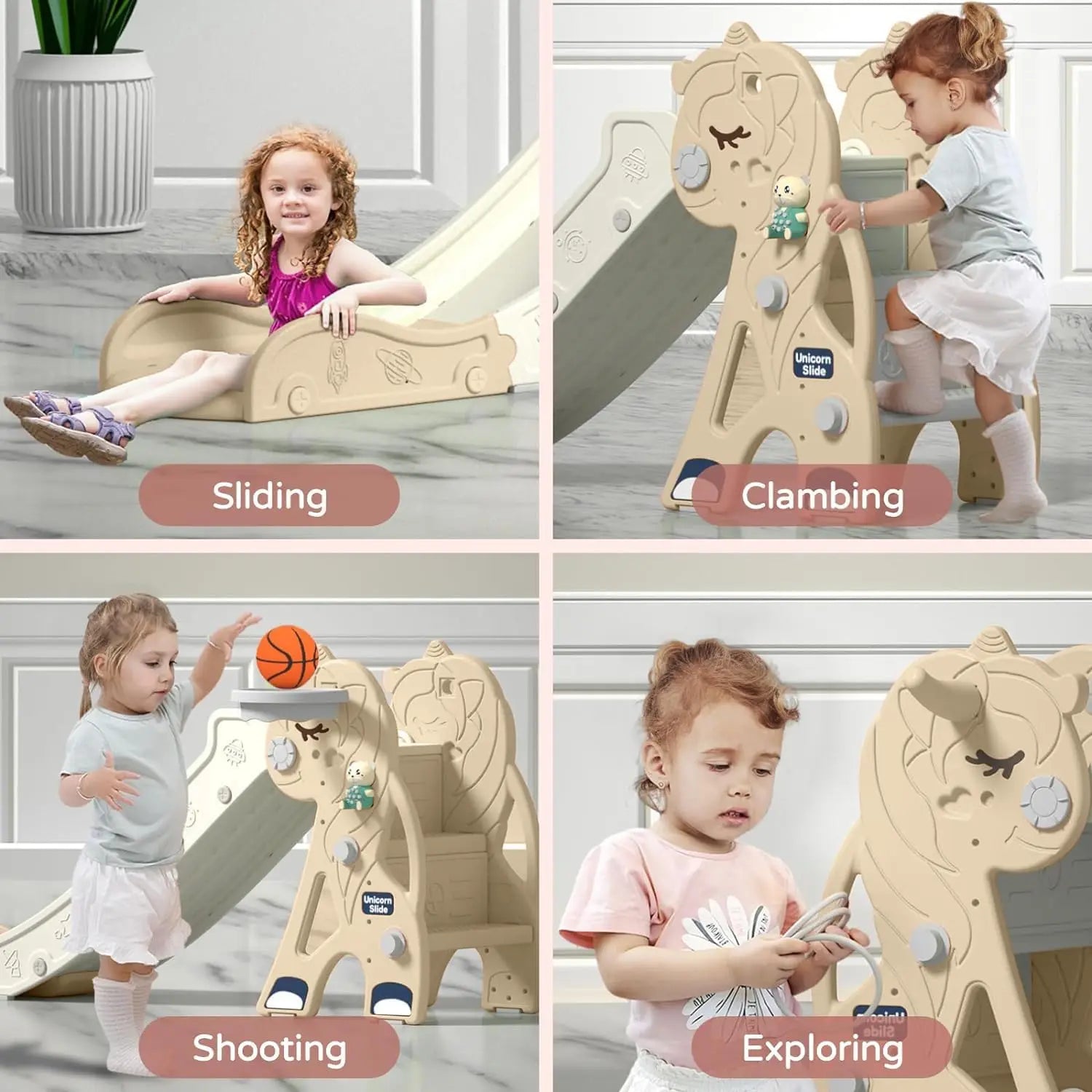 Children playing with a wooden slide, climbing structure, basketball hoop, and playhouse.