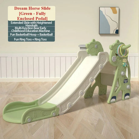 Green children's slide with additional play features on a wooden floor.