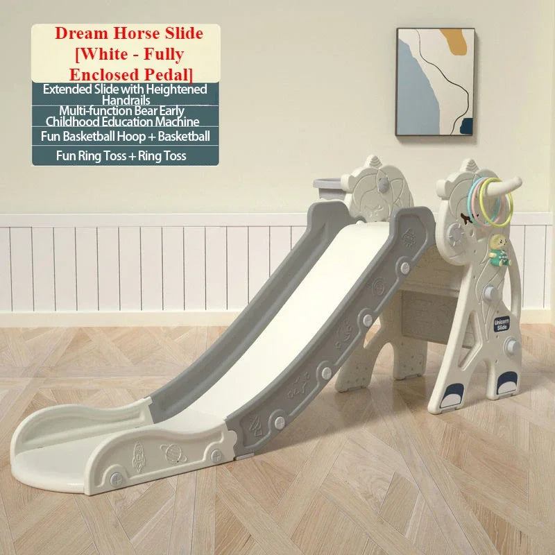 Children's slide with additional play equipment on a wooden floor.