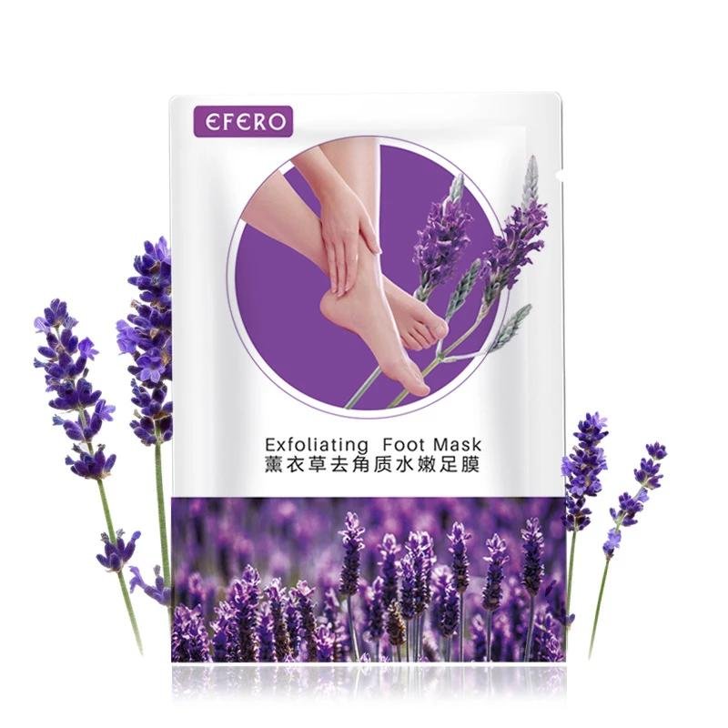 Exfoliating foot mask packaging with lavender design.