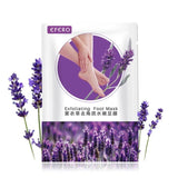 Exfoliating foot mask packaging with lavender design.