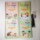 Four Sank Magic practice copybooks for preschoolers on a white background