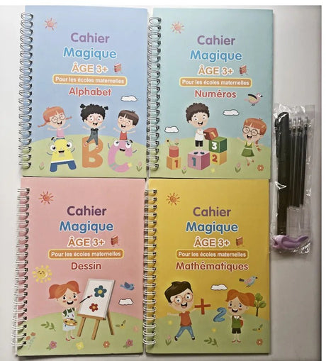 Four educational notebooks titled 'Alphabet', 'Numeros', 'Dessin', and 'Mathematiques' with colorful covers featuring children and educational elements.