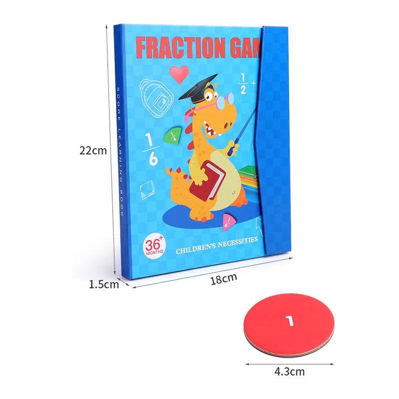 Fraction game book with dragon illustration and measurements on a white background