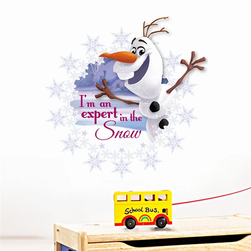 Toy school bus with character in the snow, featuring text 'I'm an expert in the snow'.