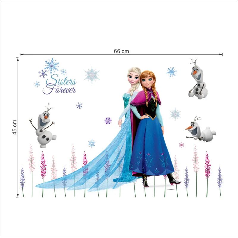 Wall decal of characters from 'Frozen' with measurements.