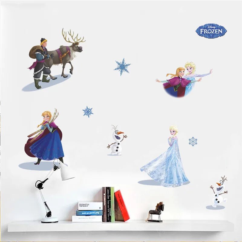 Wall stickers of Frozen characters on a white wall with 'Frozen' logo.