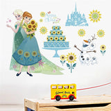 Wall decal featuring characters from a popular animated movie with a school bus below.