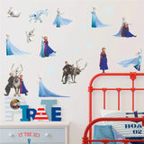 Children's room with 'Frozen' character wall decals and a red bed.