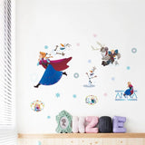 Wall stickers of animated characters on a white wall with a shelf below.