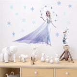 Children's room with Elsa wall decal, toys, and a wooden shelf.